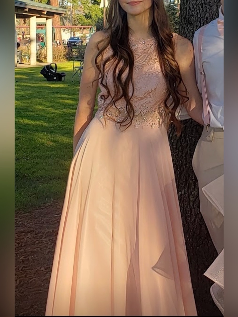 Blush Pink Lace Bodice Prom Gown